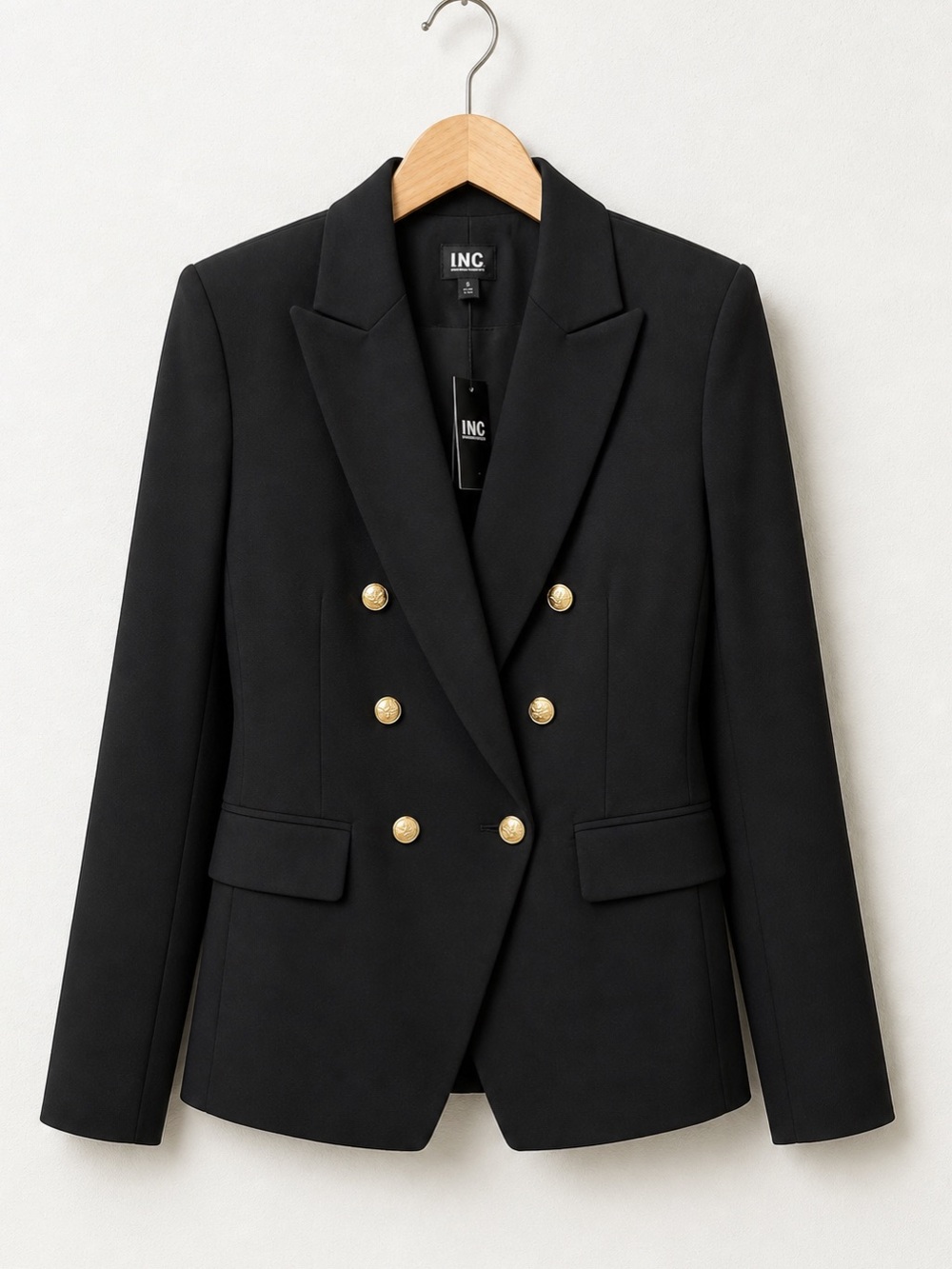 INC International Concepts Deep Black Double-Breasted Blazer with Gold Buttons